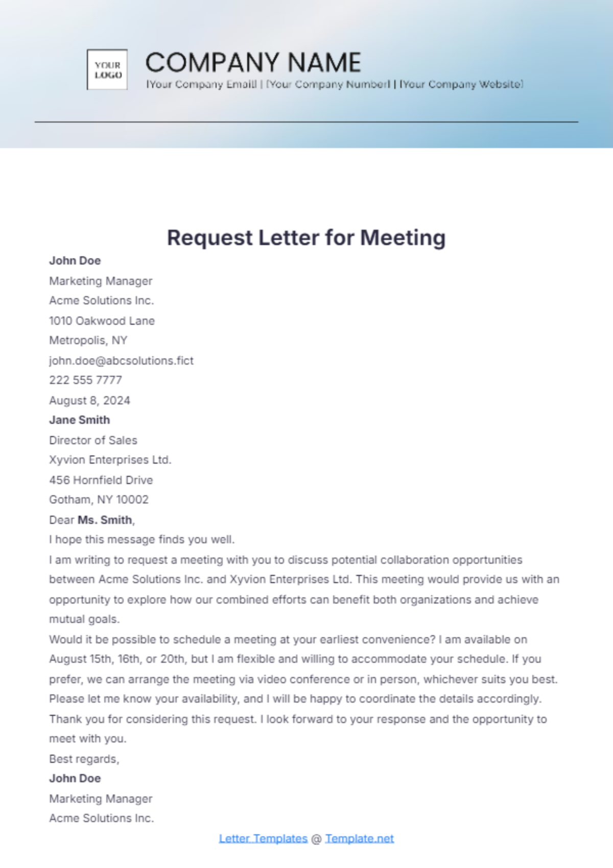 Request Letter for Meeting Template - Edit Online & Download