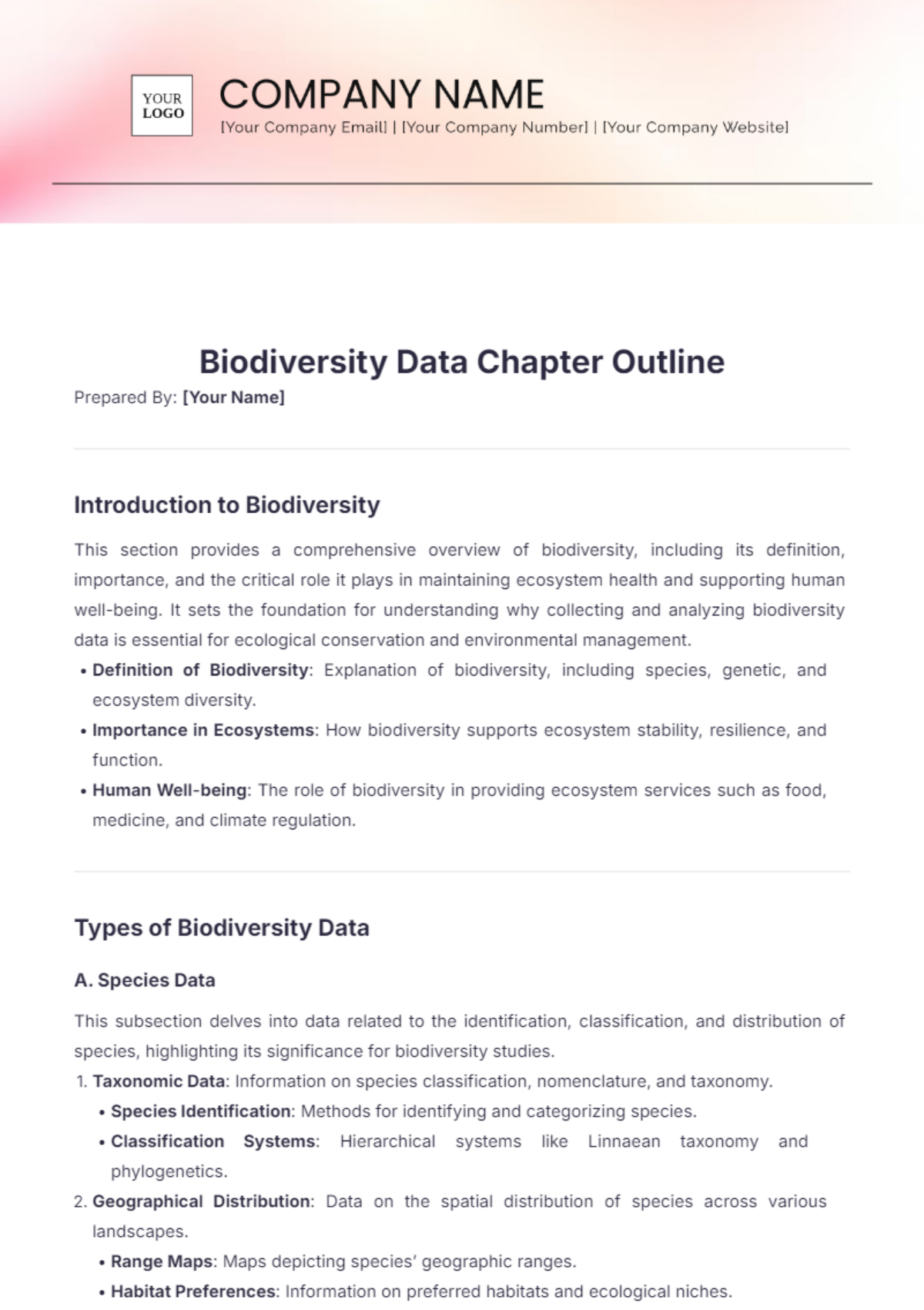 Biodiversity Data Chapter Outline Template - Edit Online & Download