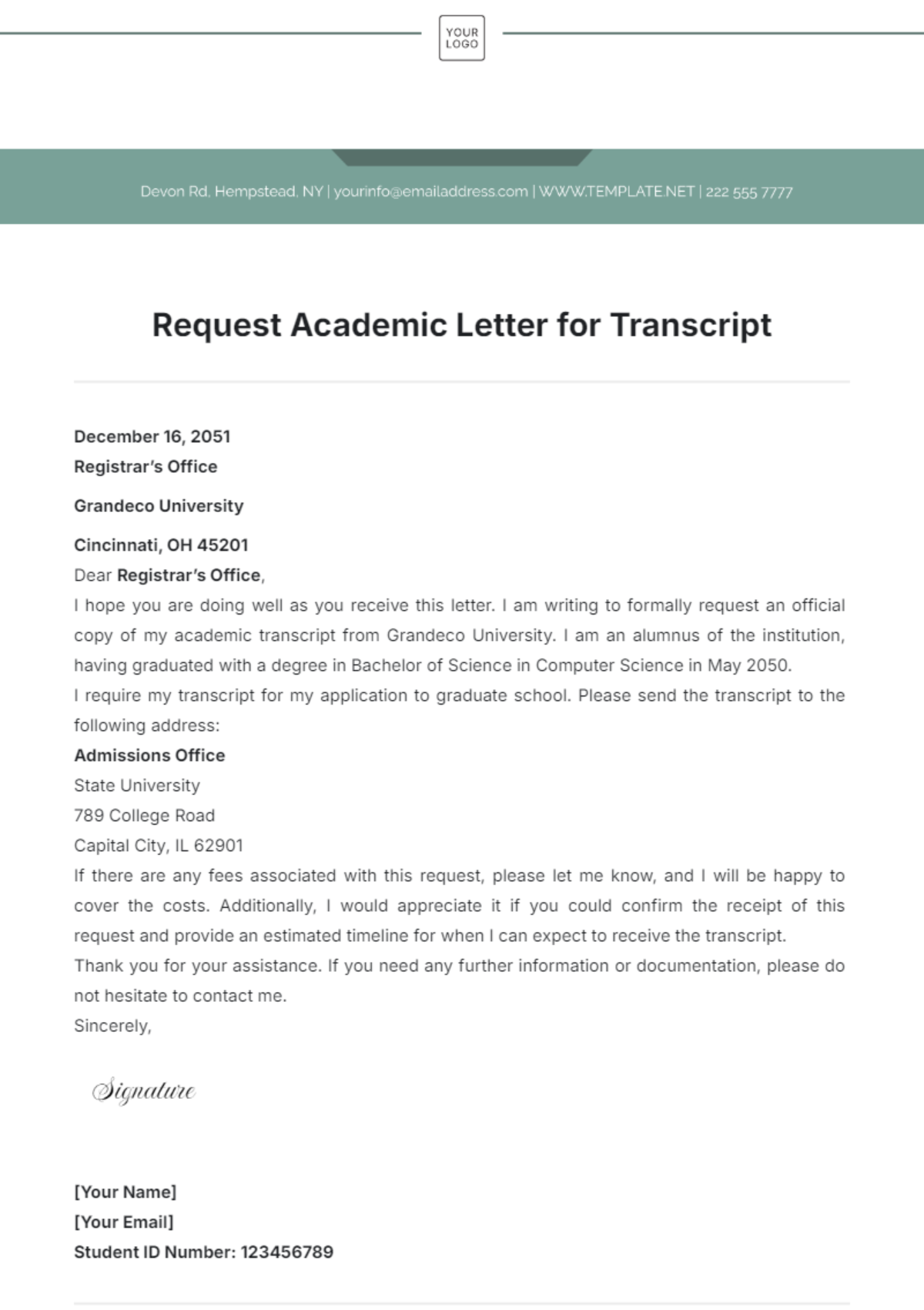 Request Academic Letter for Transcript Template - Edit Online & Download