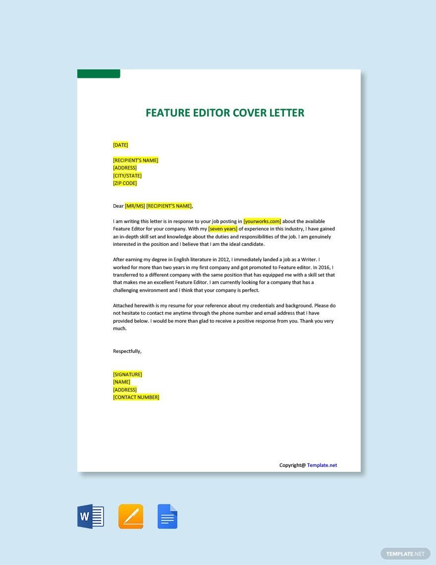 Feature Editor Cover Letter in Word, Google Docs, PDF, Apple Pages