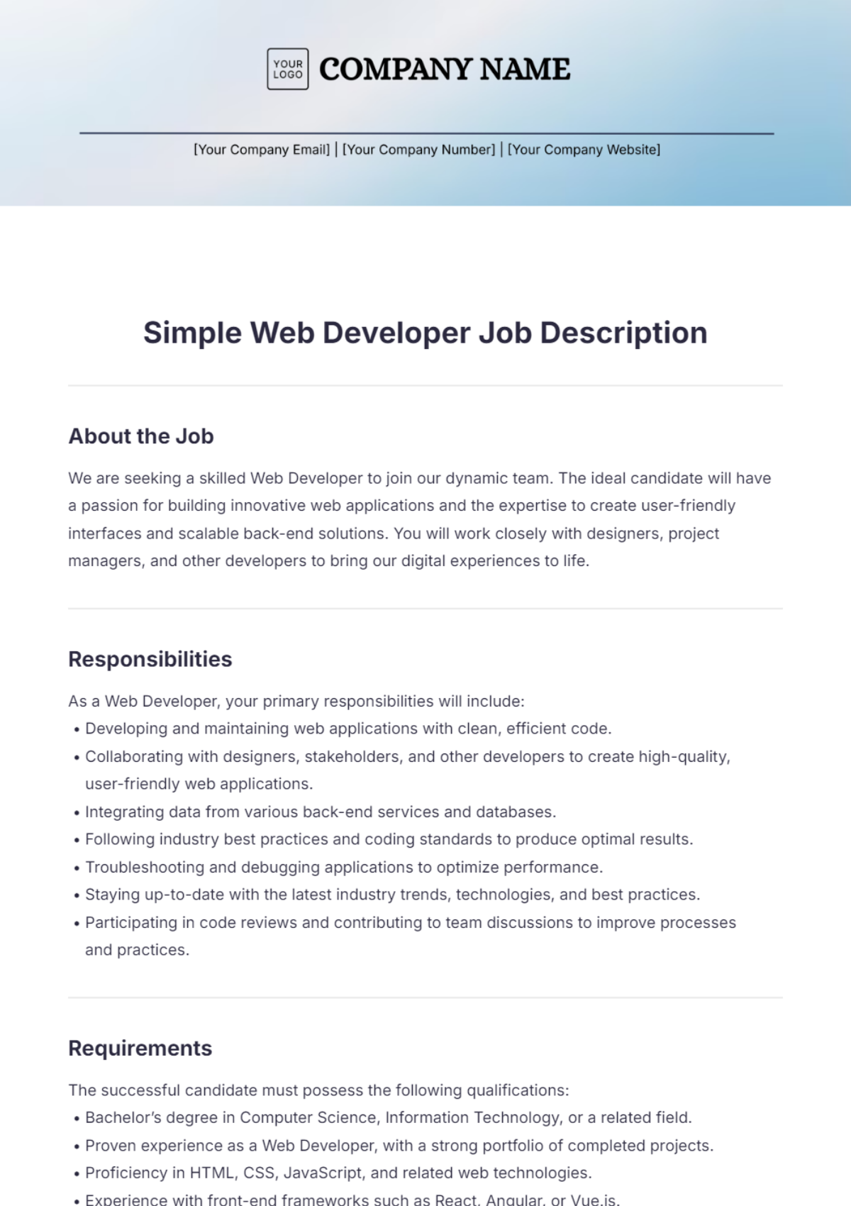 Simple Web Developer Job Description Template - Edit Online & Download