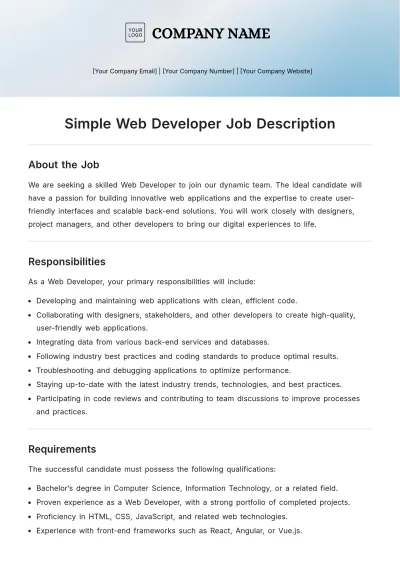 Free Simple Web Developer Job Description Template to Edit Online