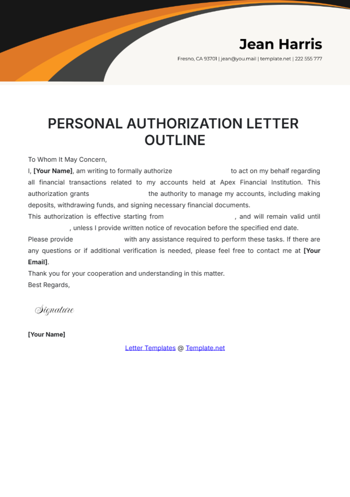 Personal Authorization Letter Outline Template - Edit Online & Download