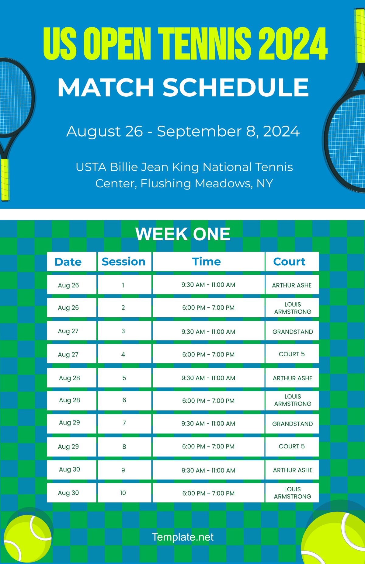 US Open Tennis Match Schedule Template - Edit Online & Download