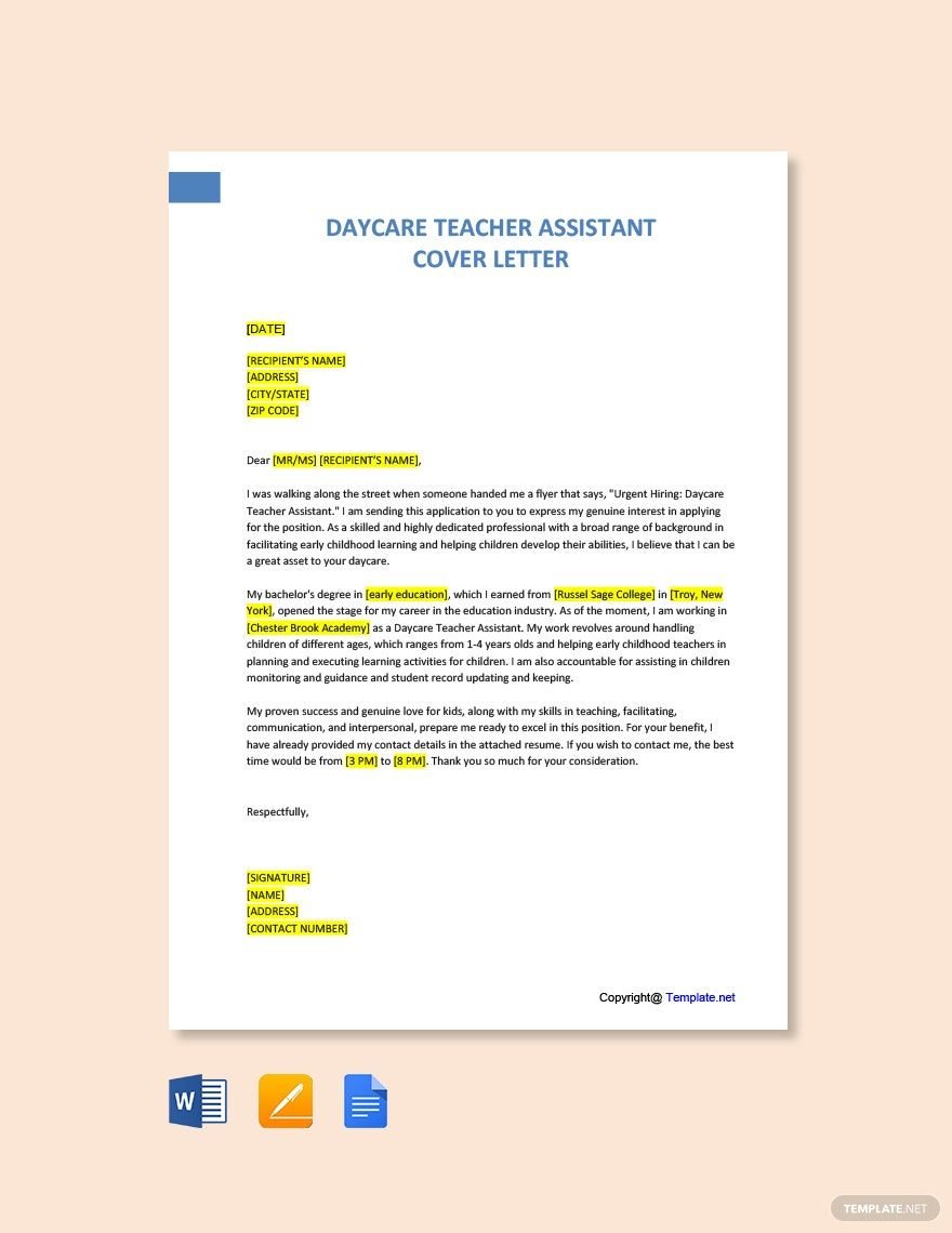 Daycare Teacher Assistant Cover Letter