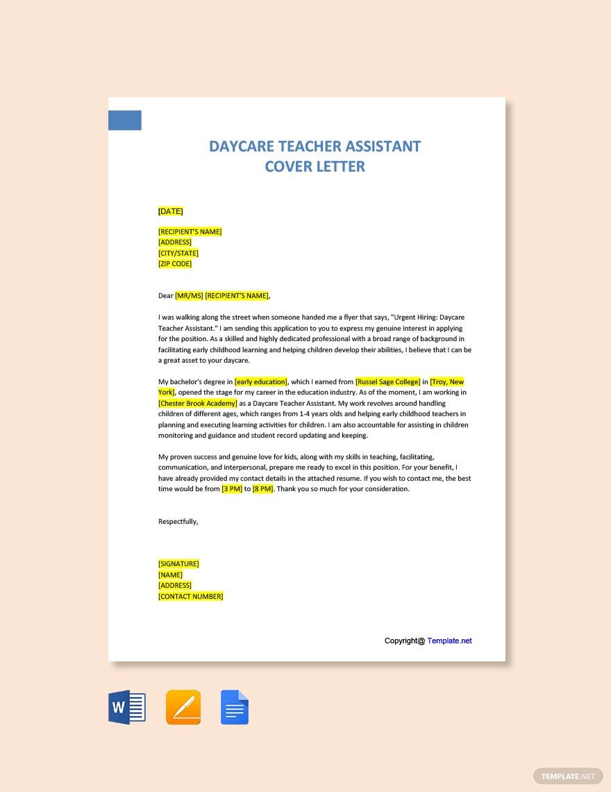 Daycare Teacher Assistant Cover Letter in Word, Google Docs, PDF, Apple Pages