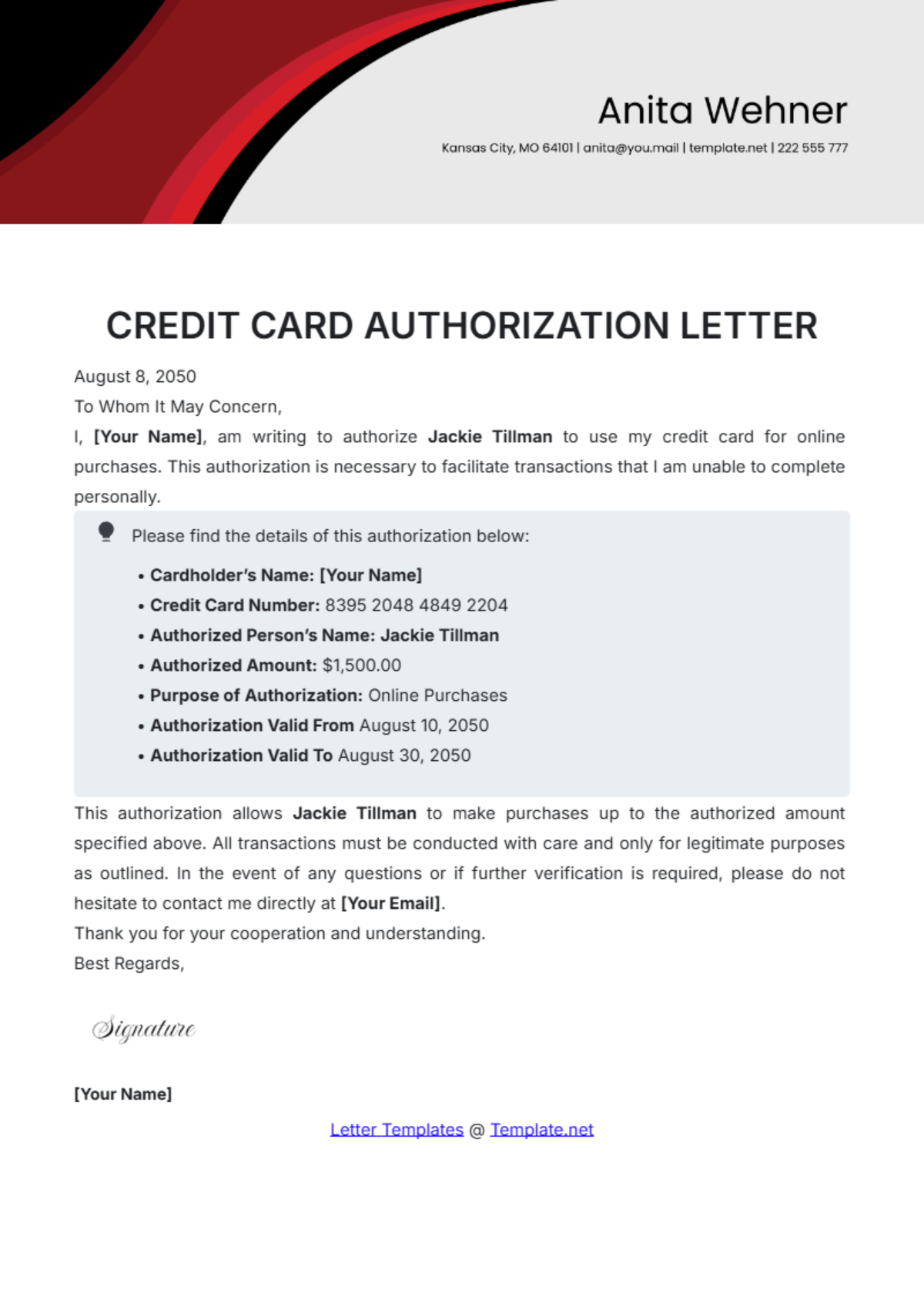 Credit Card Authorization Letter Template - Edit Online & Download