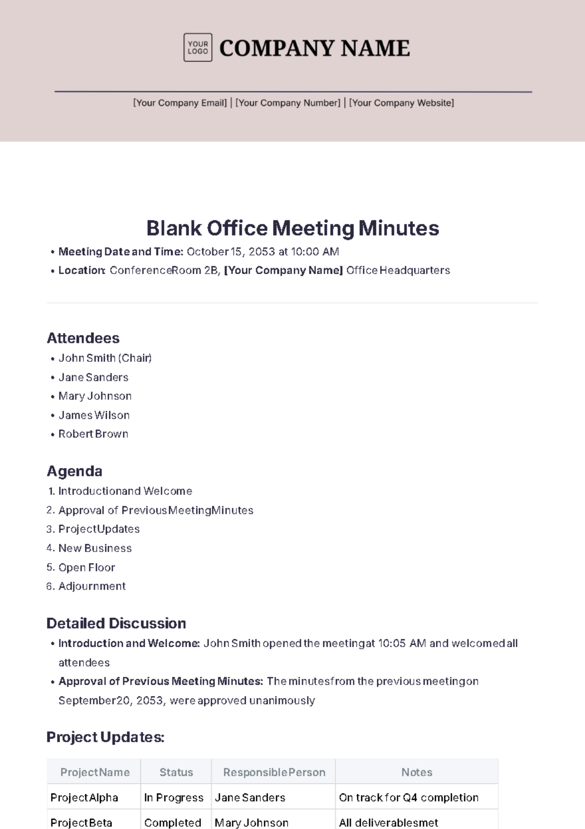 Blank Office Meeting Minutes Template