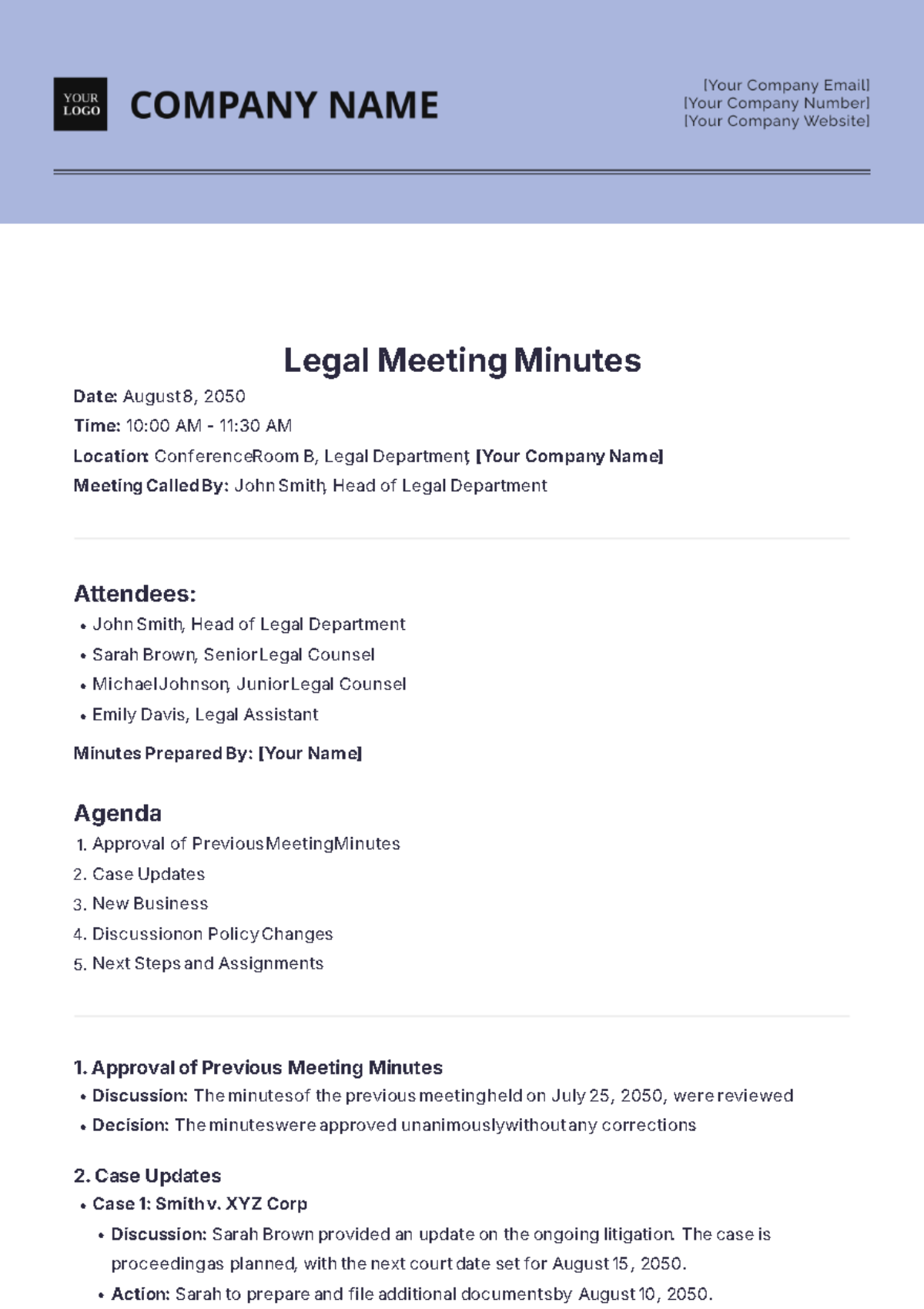 Legal Meeting Minutes Template