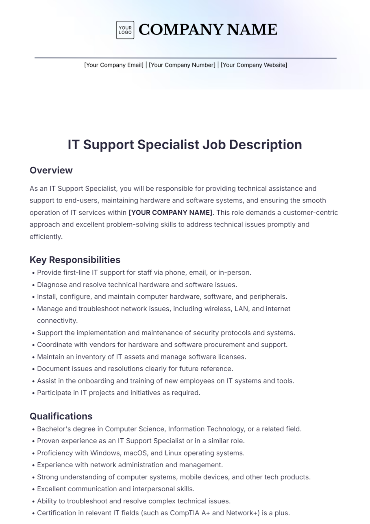 IT Support Specialist Job Description Template - Edit Online & Download