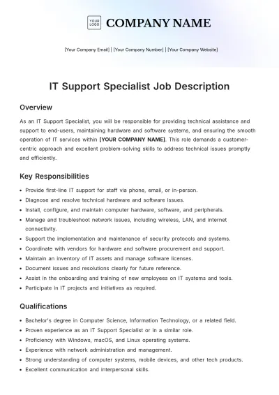 Free IT Support Specialist Job Description Template to Edit Online
