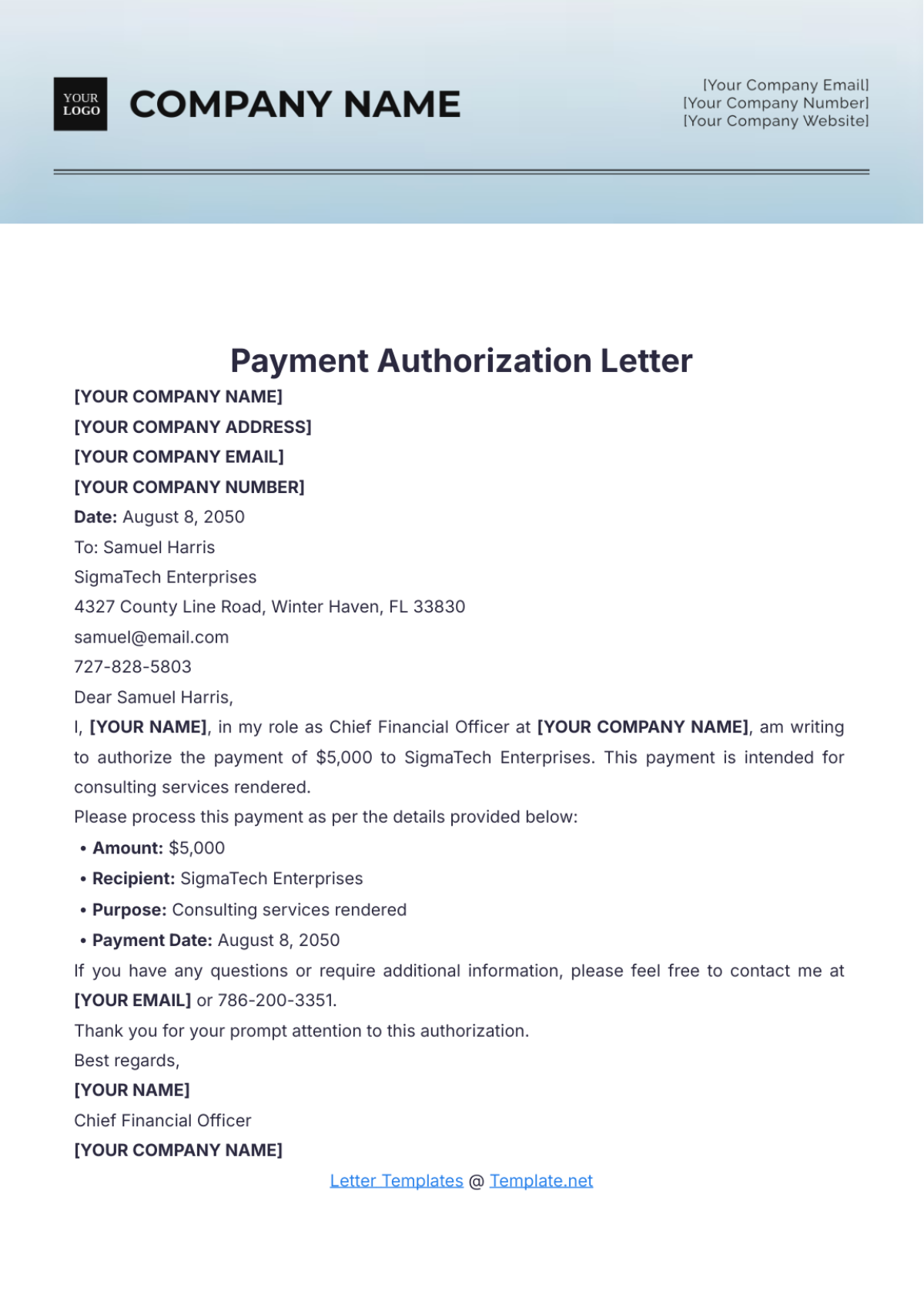 Payment Authorization Letter Template - Edit Online & Download