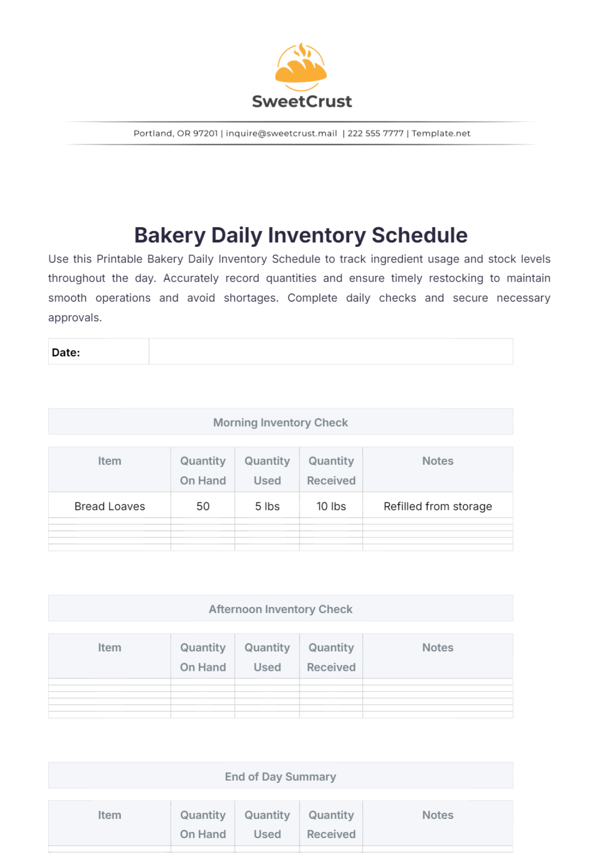 Printable Bakery Daily Inventory Schedule Template - Edit Online & Download