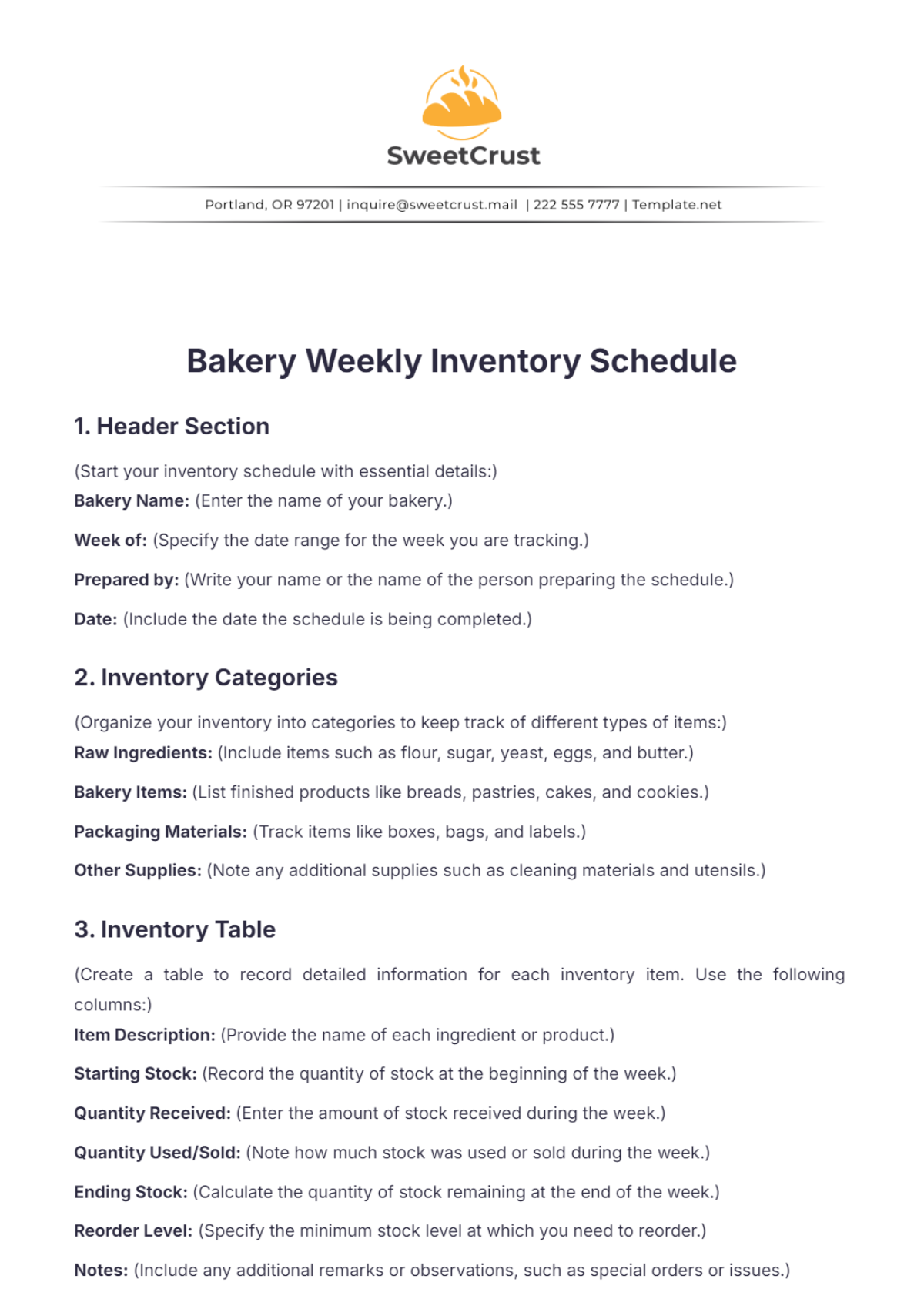 Bakery Weekly Inventory Schedule Layout Template - Edit Online & Download