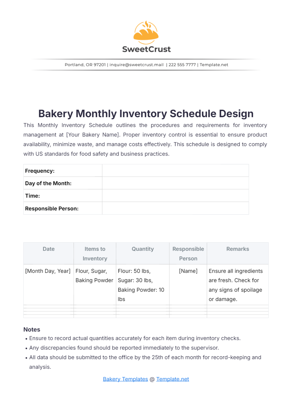 Bakery Monthly Inventory Schedule Design Template - Edit Online & Download