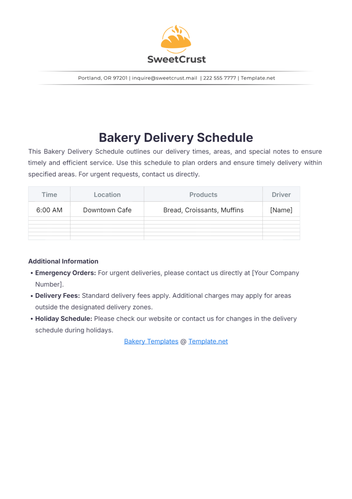 Bakery Delivery Schedule Template - Edit Online & Download