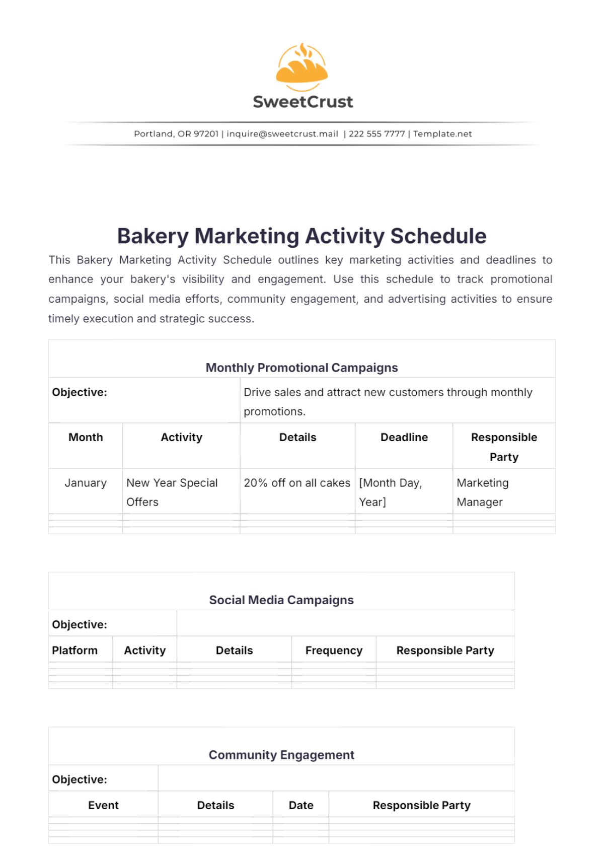 Bakery Marketing Activity Schedule Template - Edit Online & Download