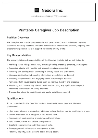 Free Printable Caregiver Job Description Template to Edit Online