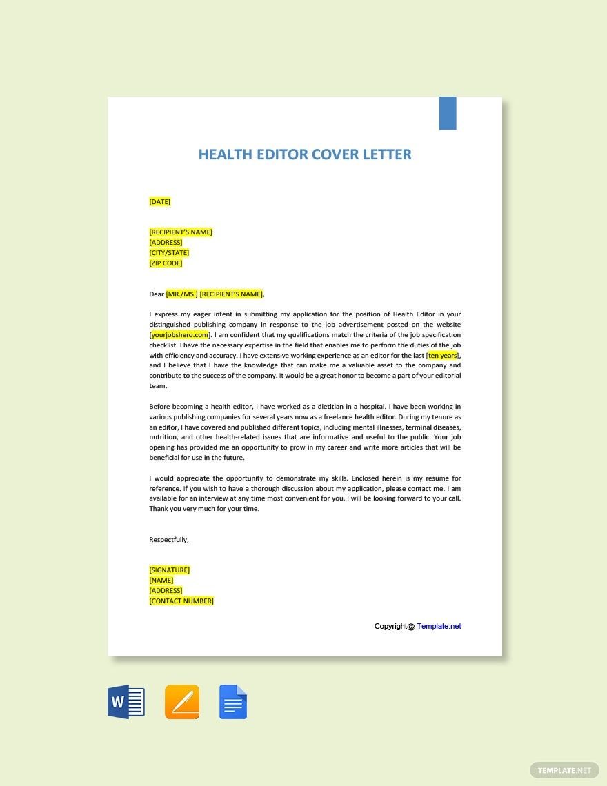 Health Editor Cover Letter Template in Word, Google Docs, PDF, Apple Pages