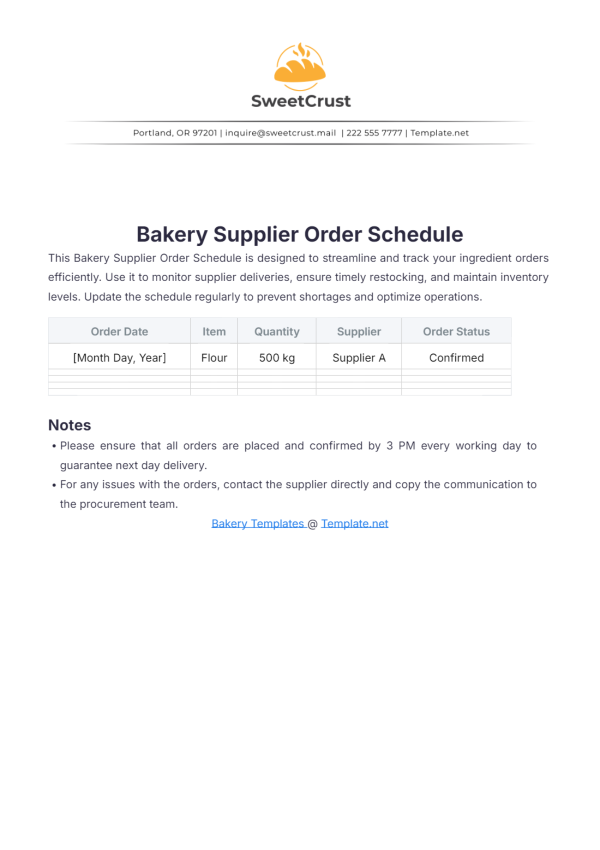 Bakery Supplier Order Schedule Template - Edit Online & Download