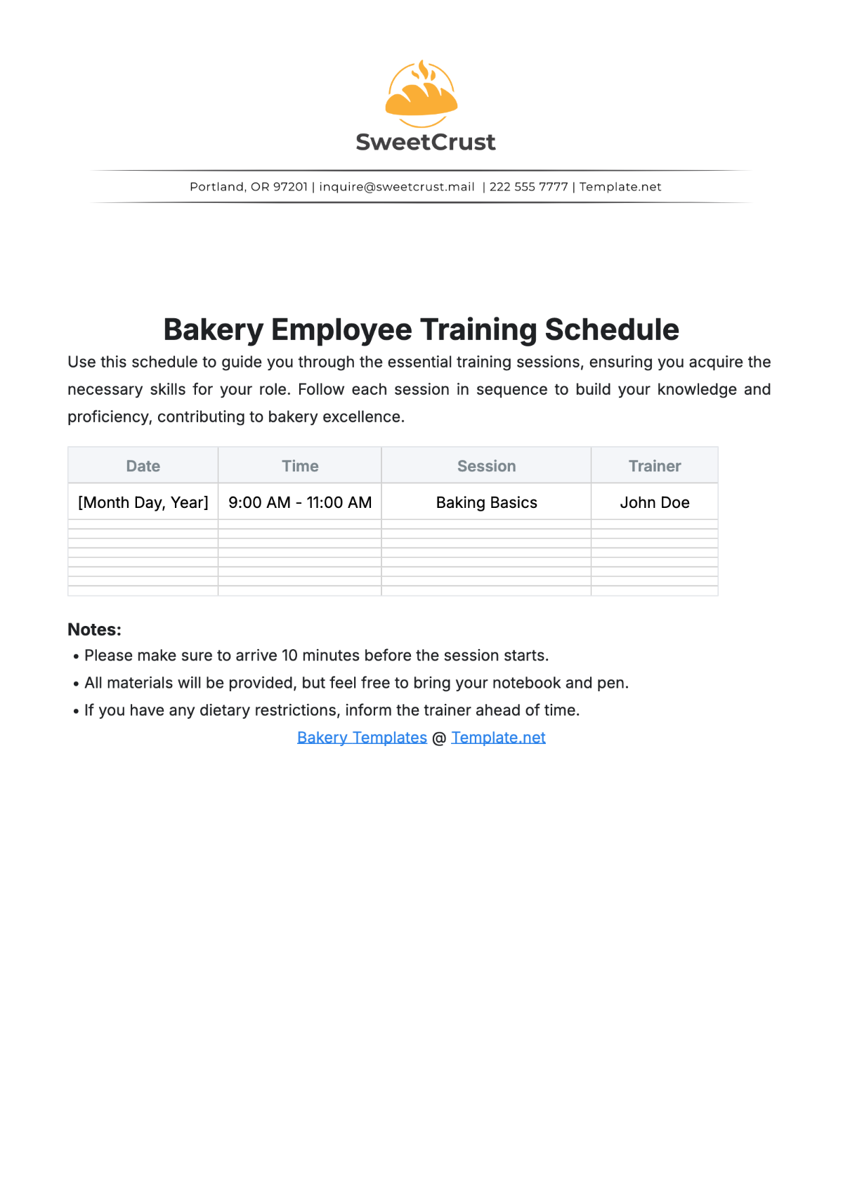 Bakery Employee Training Schedule Template - Edit Online & Download