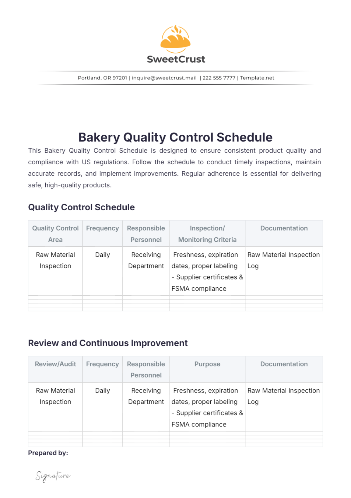 Bakery Quality Control Schedule Template - Edit Online & Download