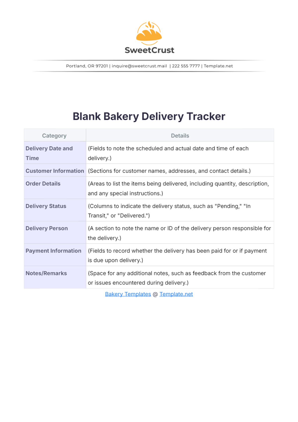 Blank Bakery Delivery Tracker Template - Edit Online & Download