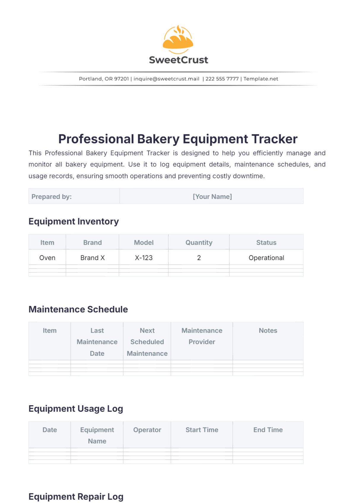 Professional Bakery Equipment Tracker Template - Edit Online & Download