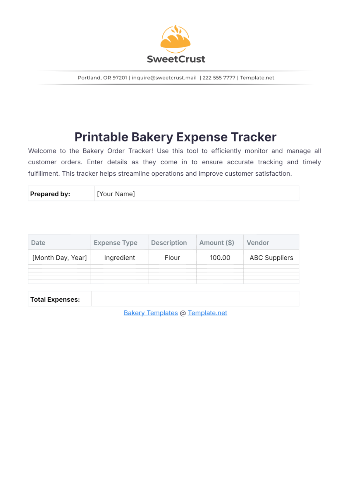 Printable Bakery Expense Tracker Template - Edit Online & Download