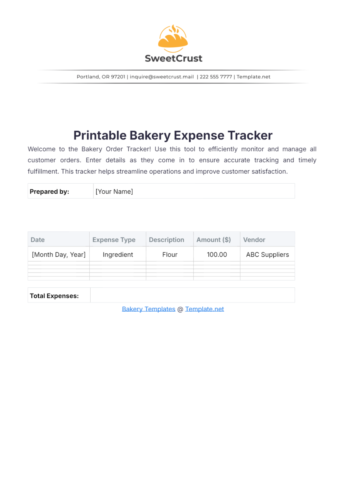 Free Printable Bakery Expense Tracker Template To Edit Online