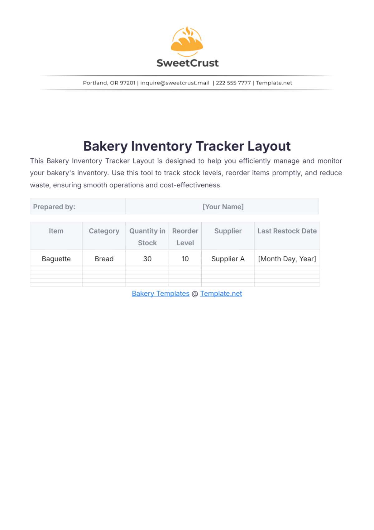 Bakery Inventory Tracker Layout Template - Edit Online & Download