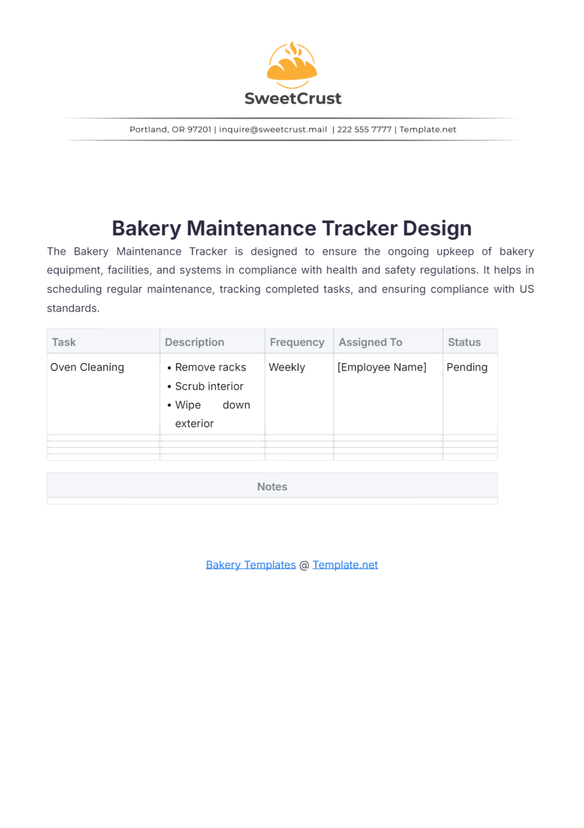 Bakery Maintenance Tracker Design Template - Edit Online & Download