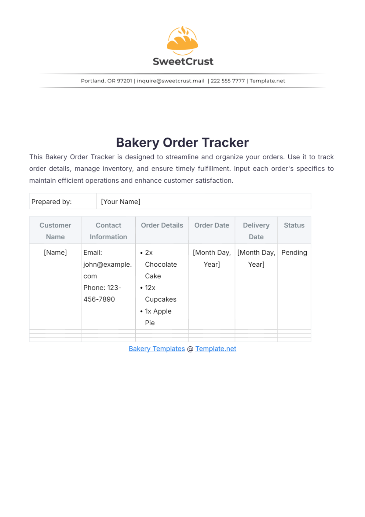 Bakery Order Tracker Template - Edit Online & Download