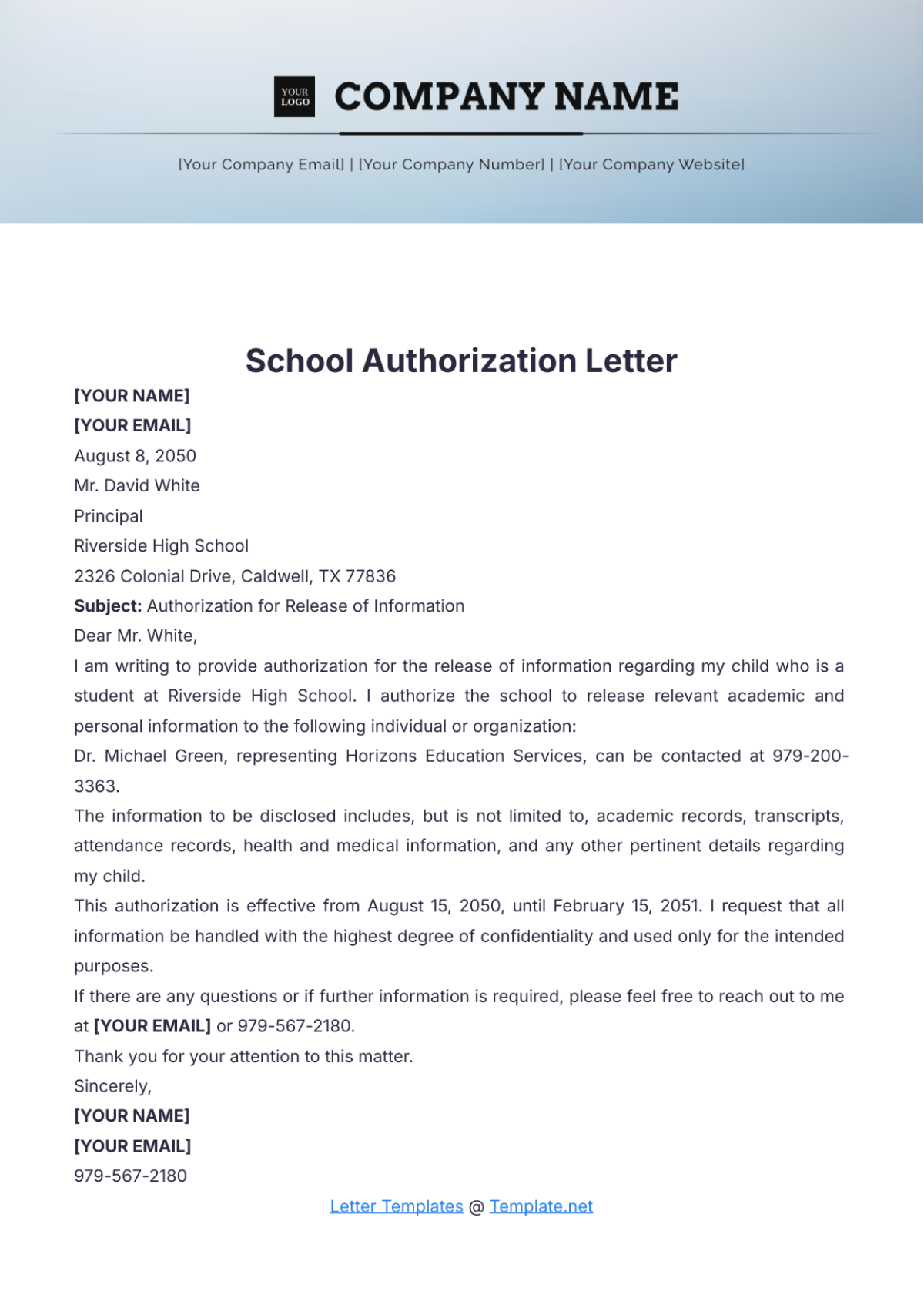 School Authorization Letter Template - Edit Online & Download