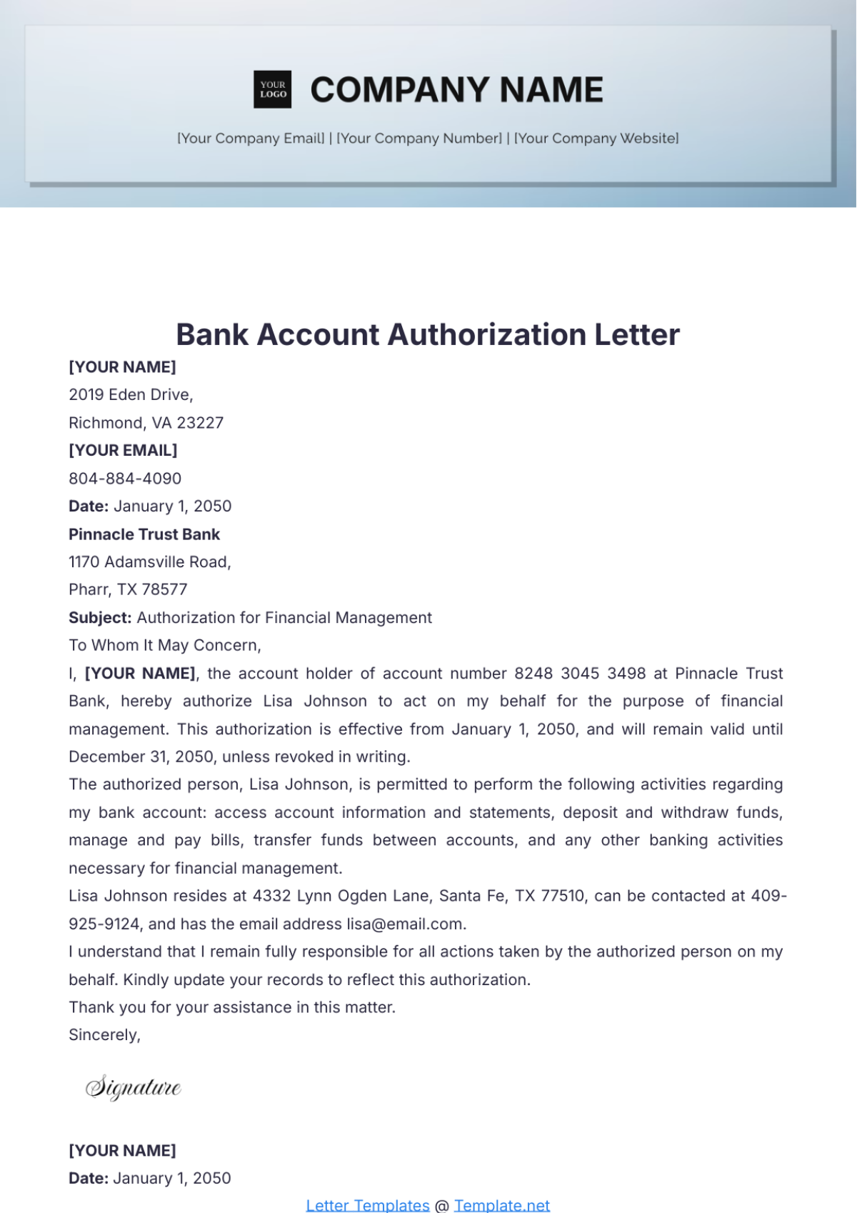 Bank Account Authorization Letter Template - Edit Online & Download