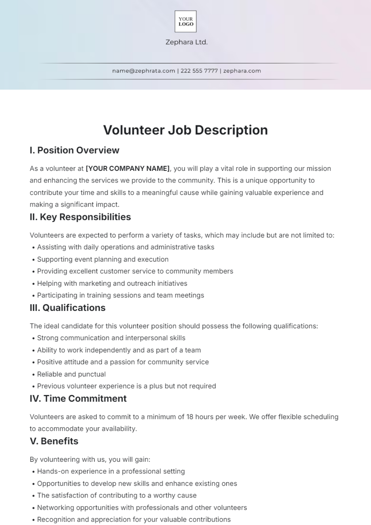 Aesthetic Volunteer Job Description Template - Edit Online & Download