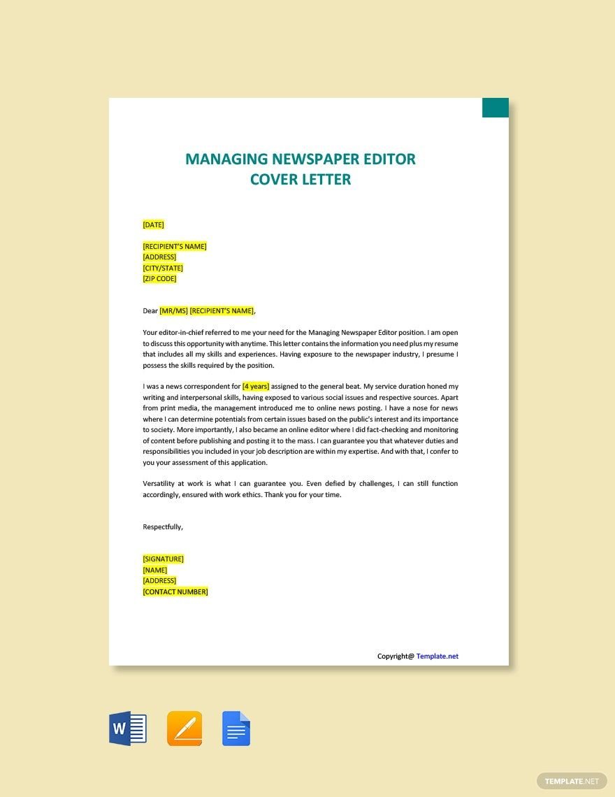 Managing Newspaper Editor Cover Letter Template