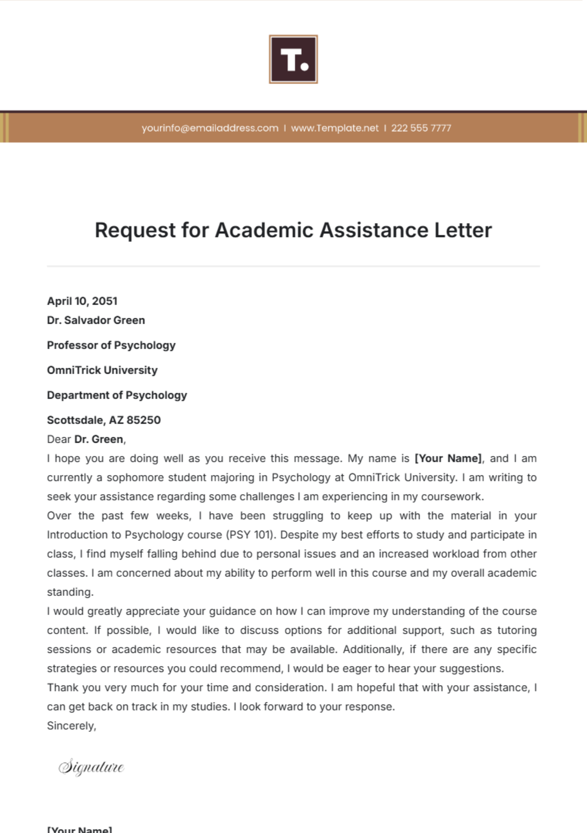 Request for Academic Assistance Letter Template