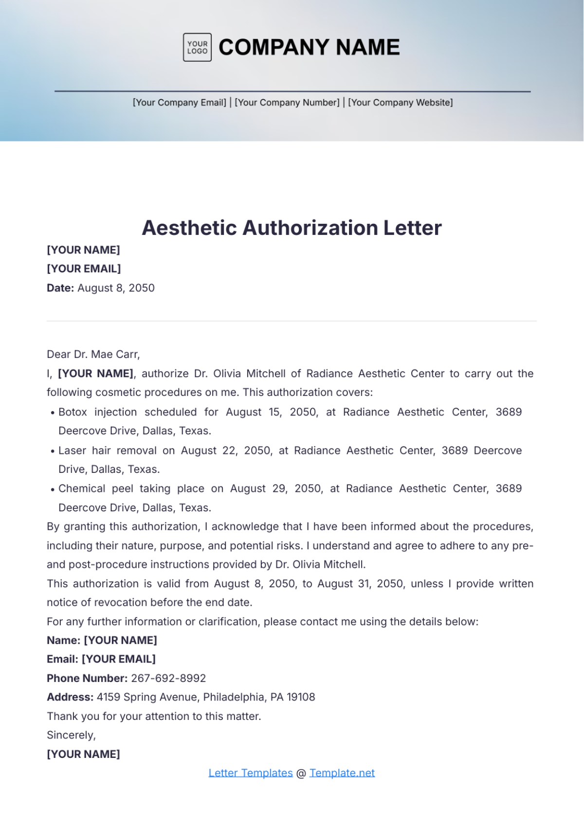 Aesthetic Authorization Letter Template - Edit Online & Download