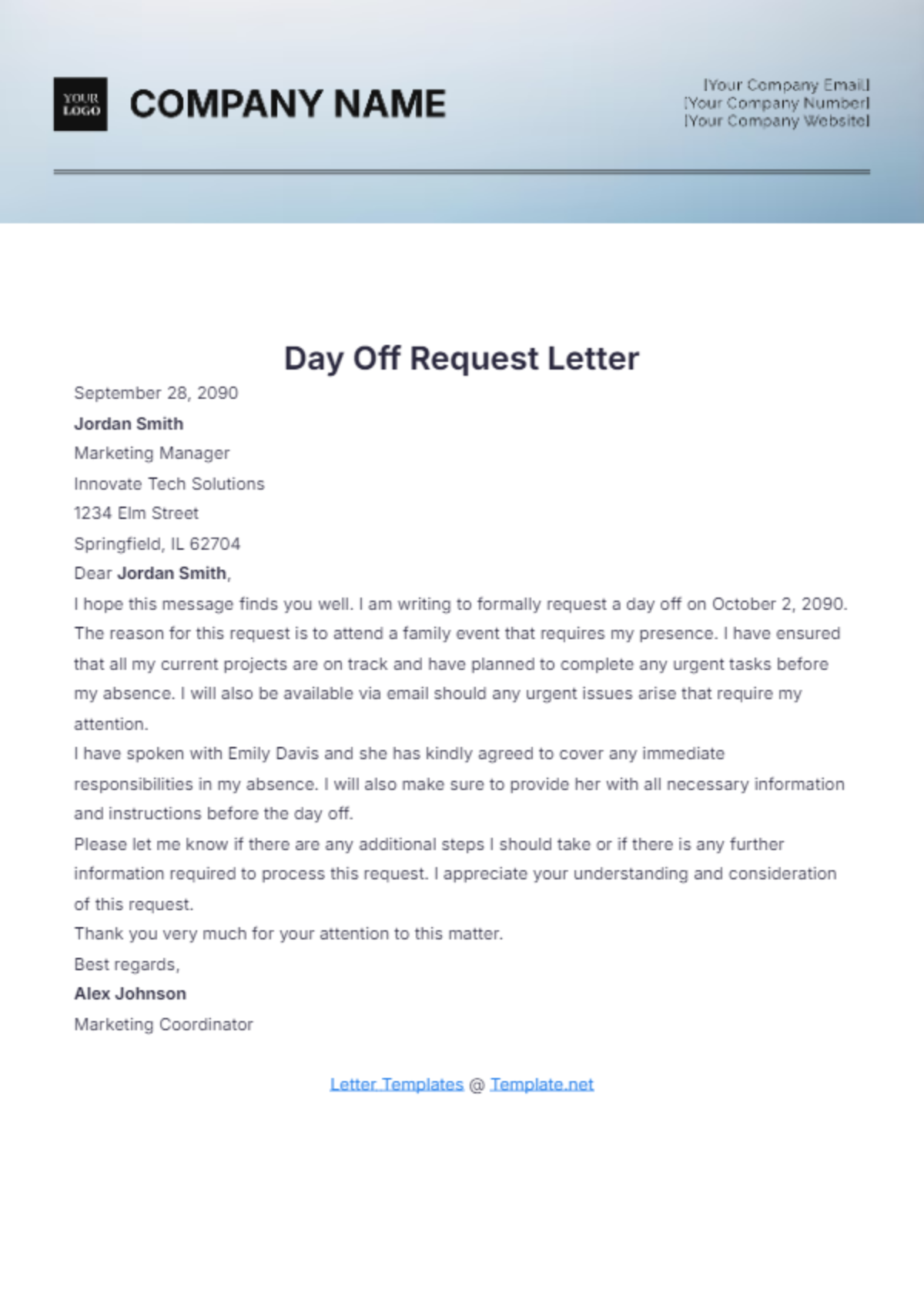 Day Off Request Letter Template - Edit Online & Download