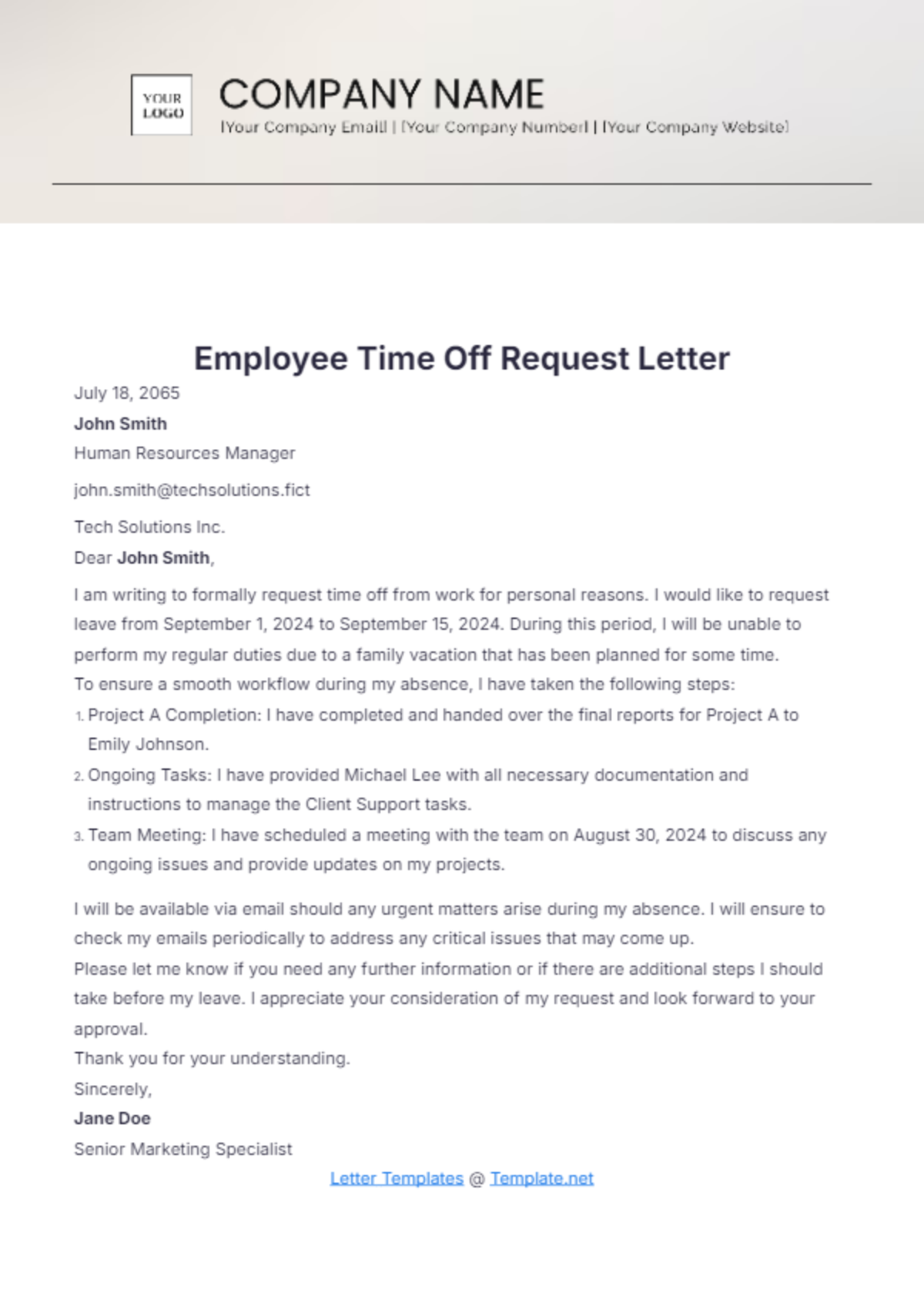 Employee Time-Off Request Letter Template - Edit Online & Download