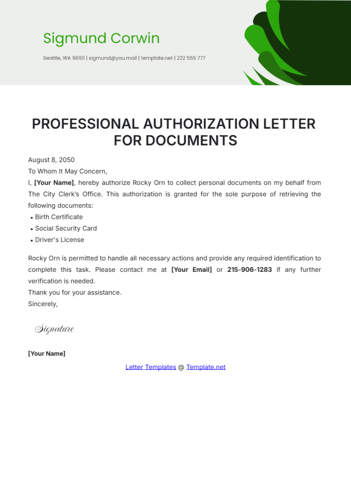 Professional Authorization Letter for Documents Template - Edit Online & Download