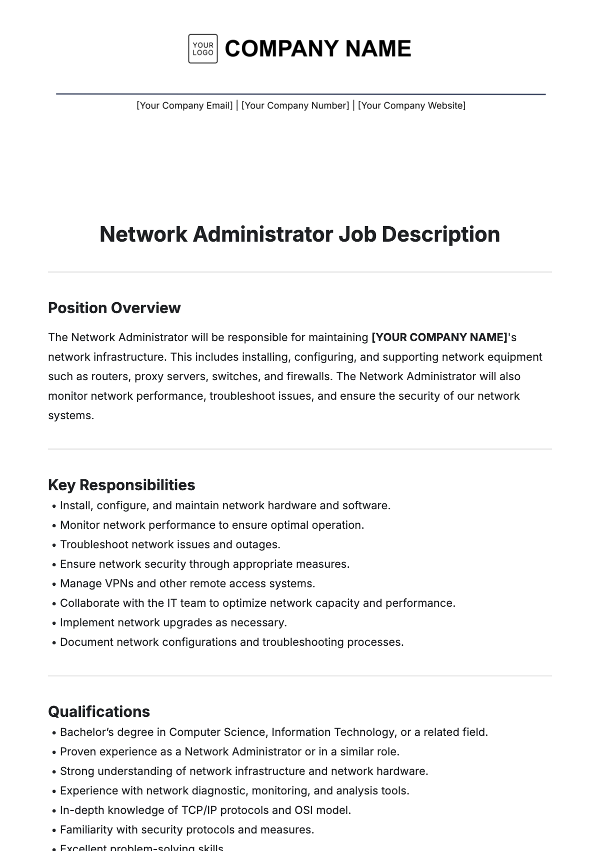 Network Administrator Job Description Template - Edit Online & Download