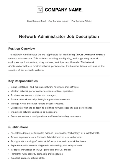Free Network Administrator Job Description Template to Edit Online