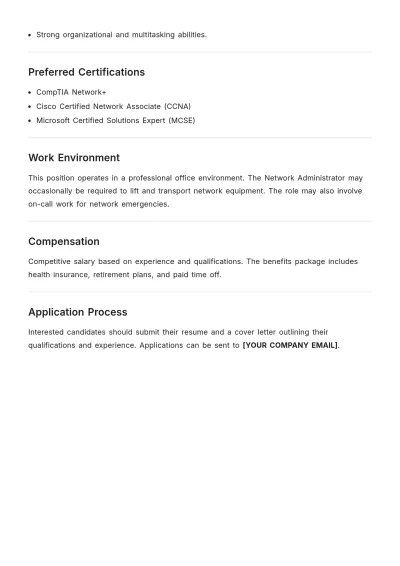 Free Network Administrator Job Description Template to Edit Online
