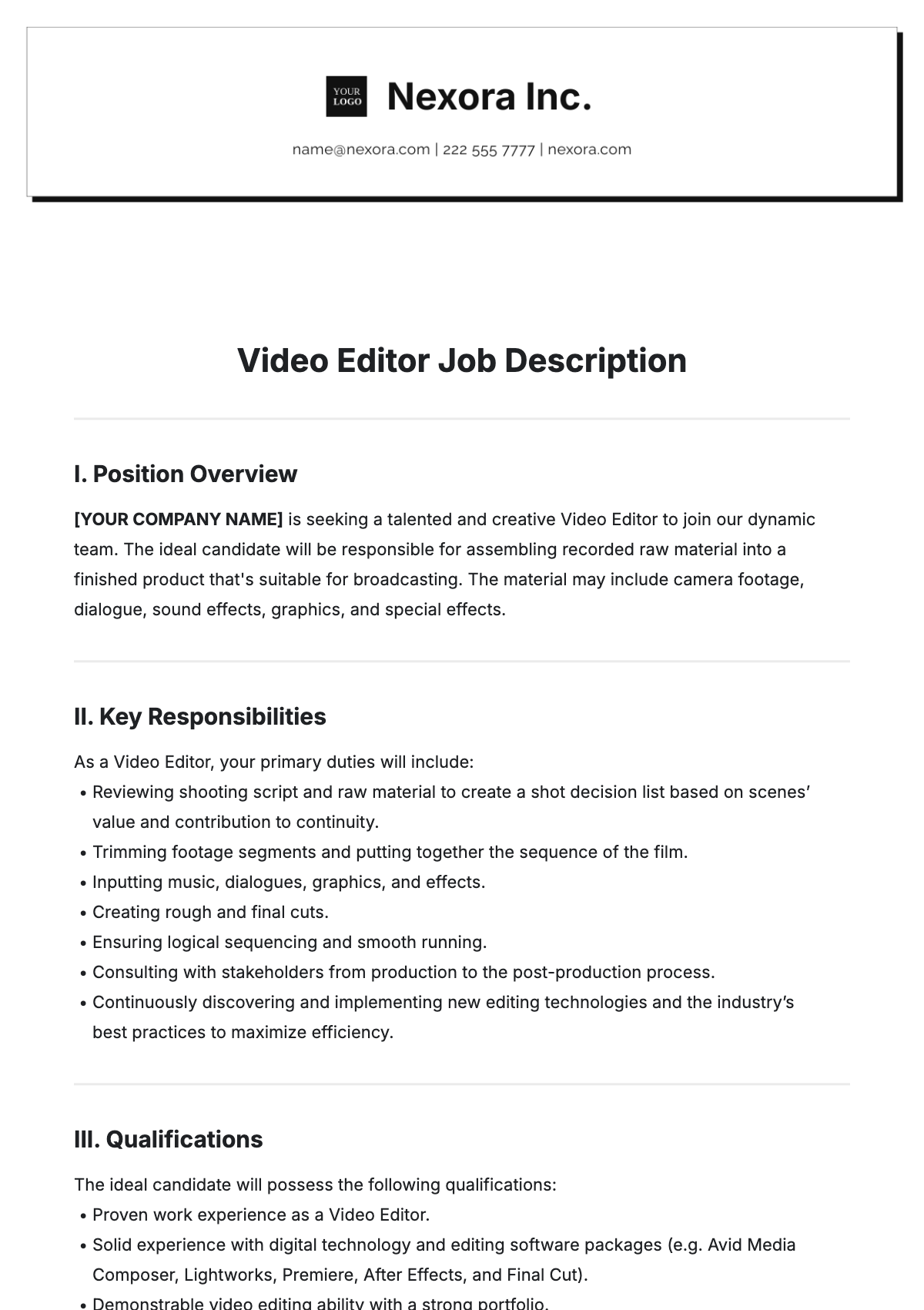 Video Editor Job Description Template - Edit Online & Download