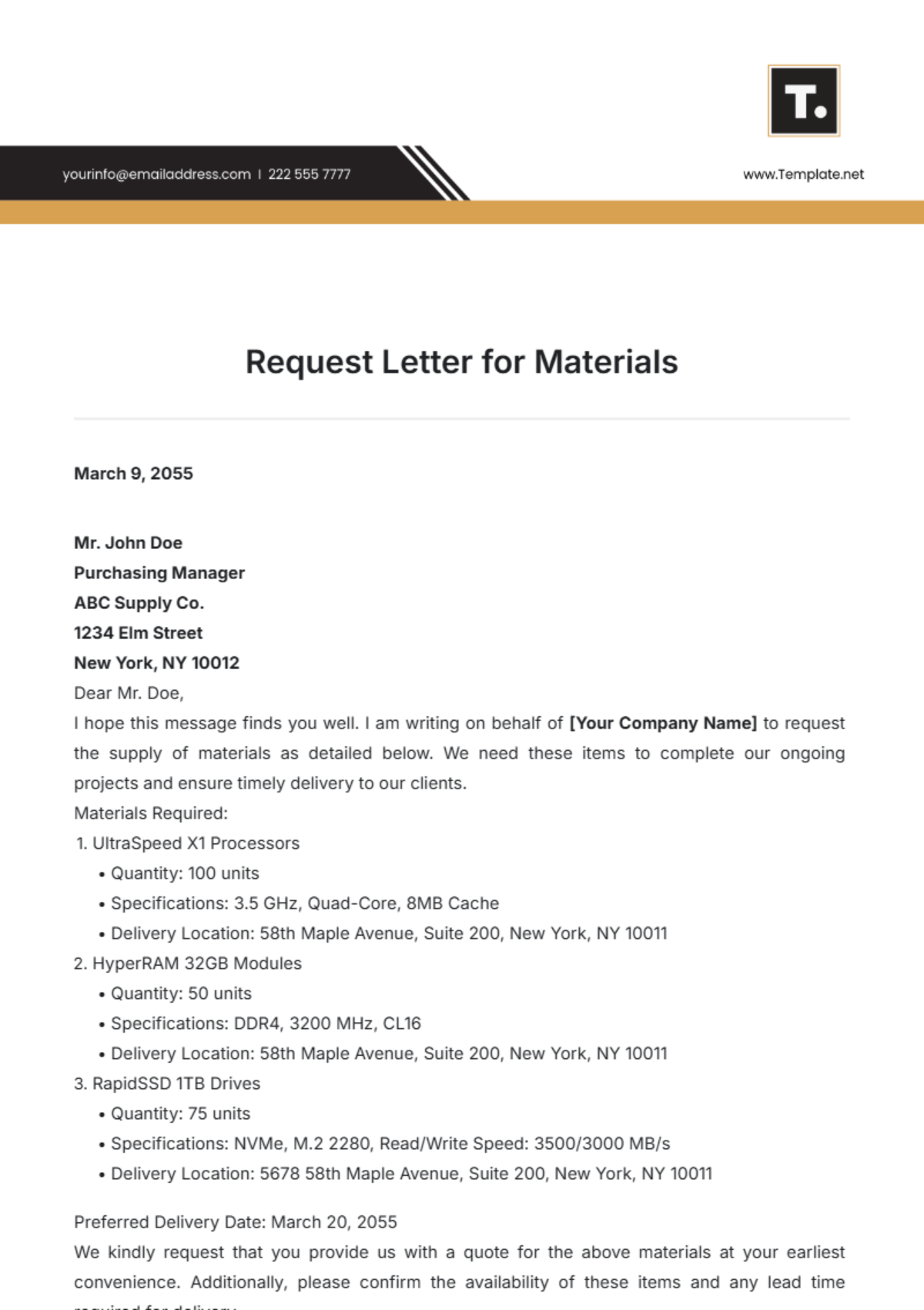 Request Letter for Materials Template - Edit Online & Download