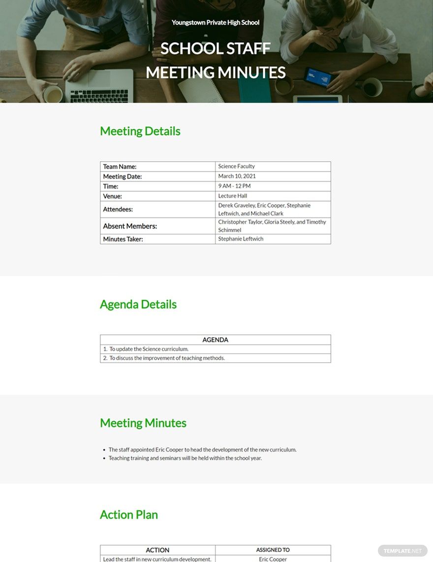 School Staff Meeting Minutes Template in Word, Google Docs, Apple Pages