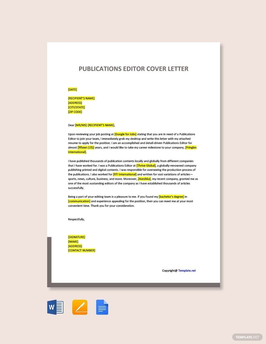Publications Editor Cover Letter Template in Word, Google Docs, PDF, Apple Pages