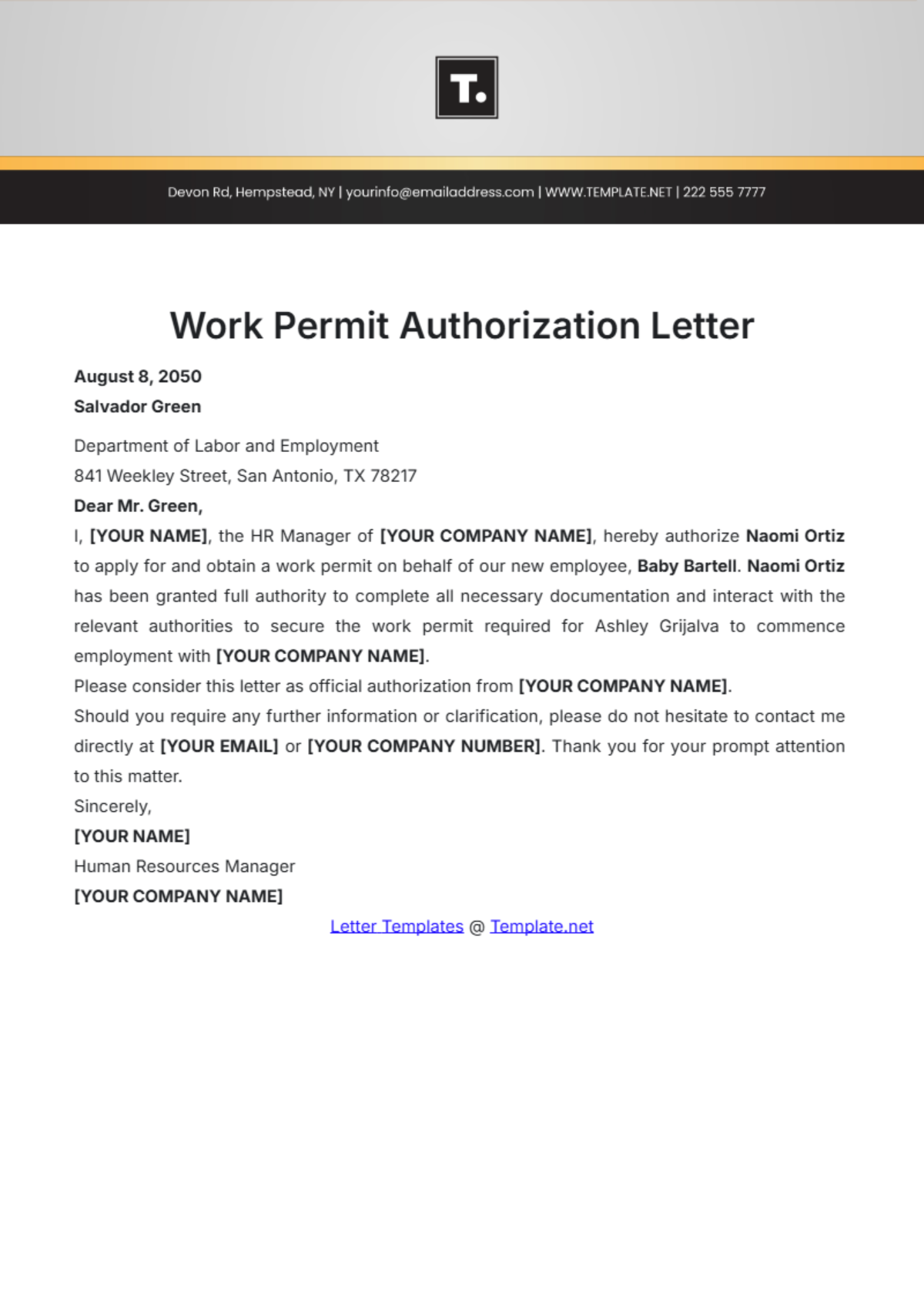 Work Permit Authorization Letter Template - Edit Online & Download